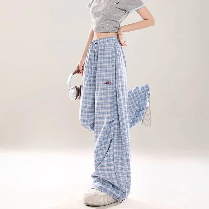 Women's Blue Check Pants with Drawstring Waist and Wide Legs