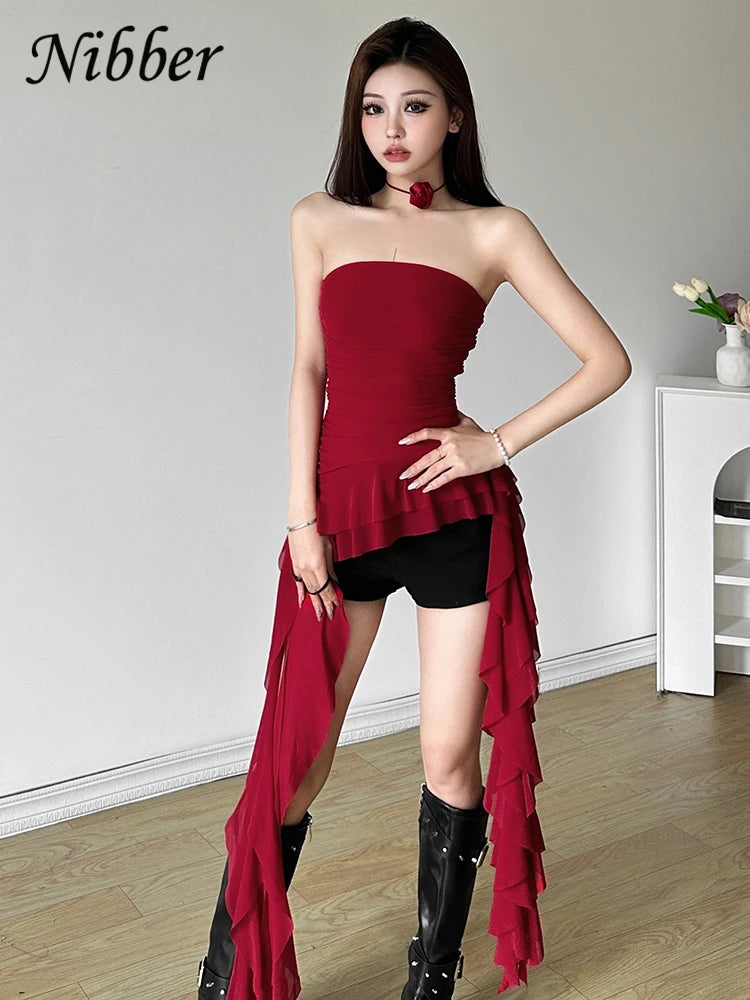 Women's Strapless Polyester Blend Ruched Top with Long Asymmetric Tassel Hem