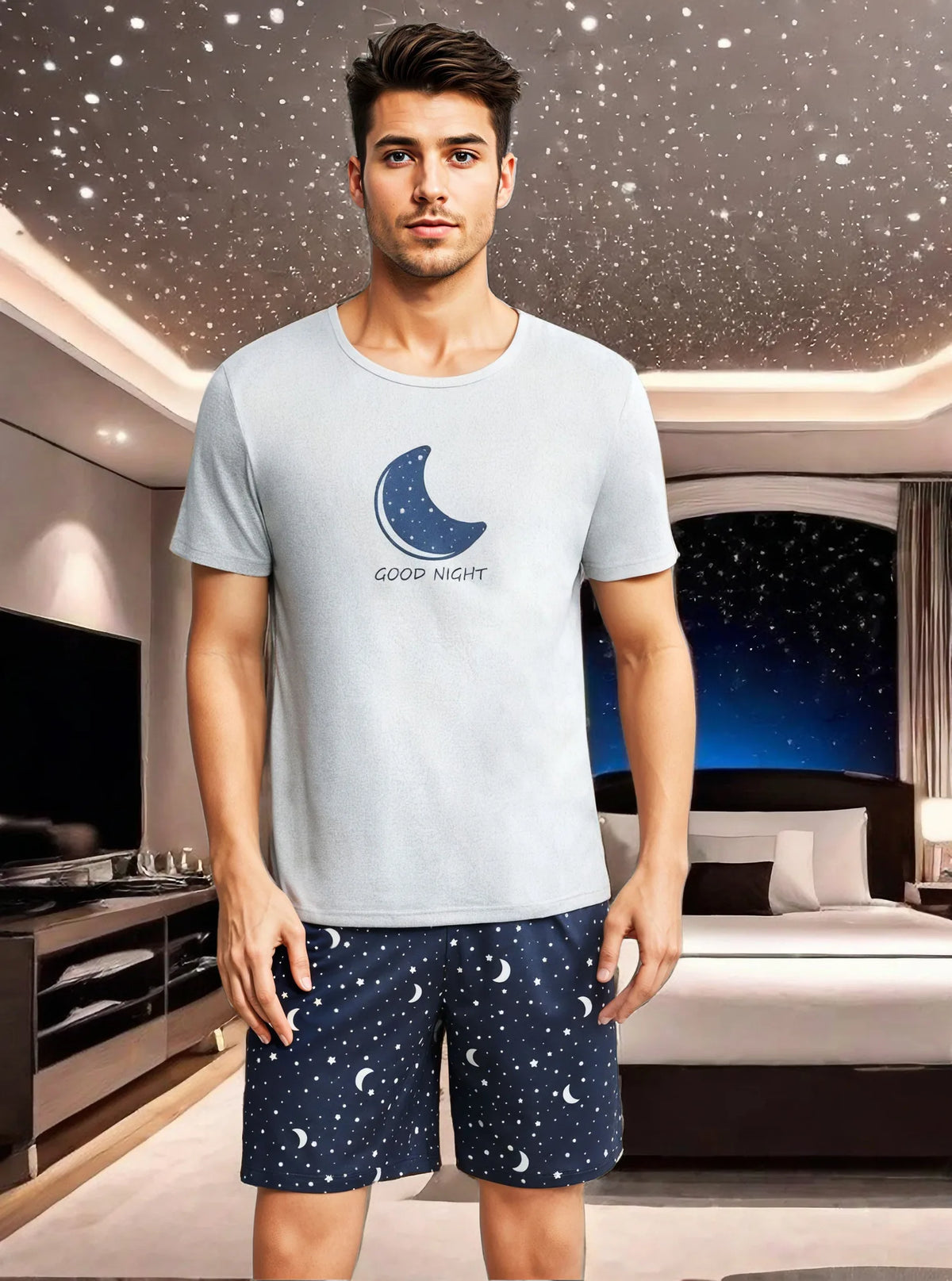 Men's Moon Print T Shirt and Shorts Pajama Set