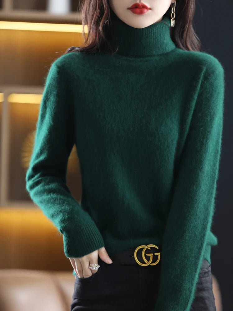 Women's Plain Roll Neck Long Sleeve Sweater Casual Knit Layer