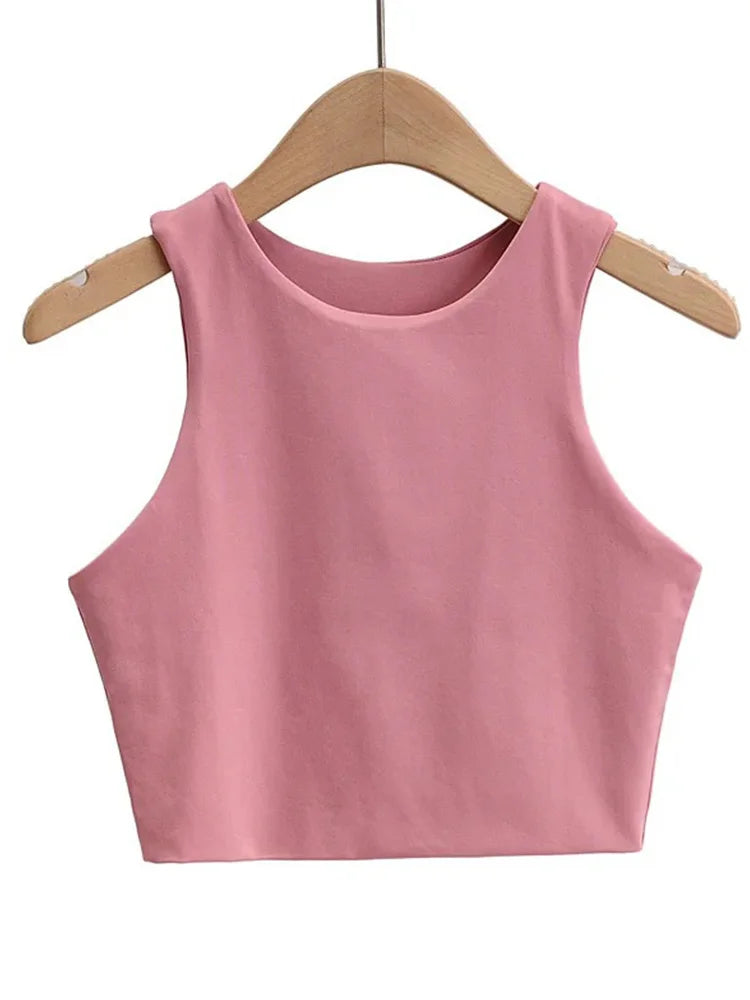 Women's Solid Round-Neck Sleeveless Stretch Crop Tank Top