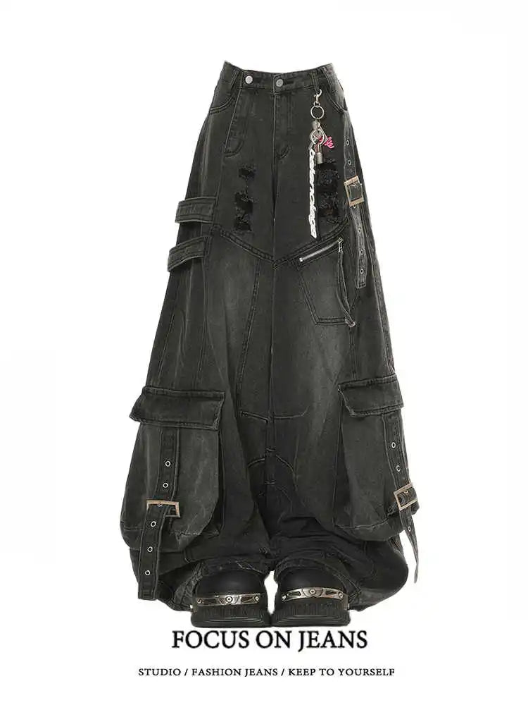 Women's Black Baggy Cargo Pocket Denim Jeans For Everyday Outfits