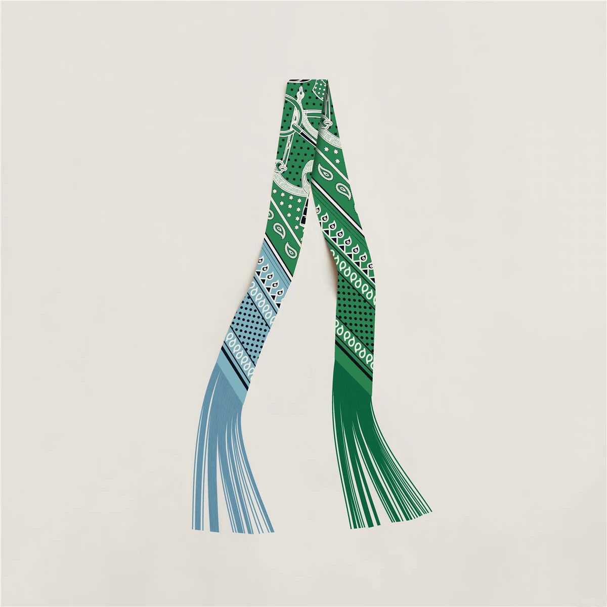 Printed Narrow Ribbon Scarf with Decorative Fringed Ends