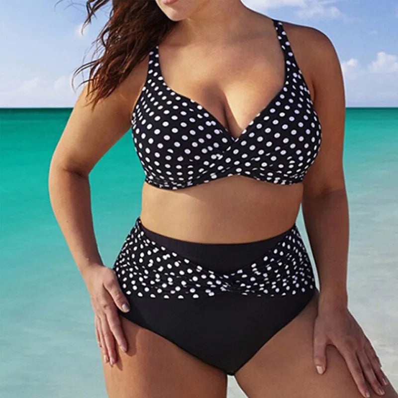 Women's Polka Dot V Neck Top and High Waist Bikini Set