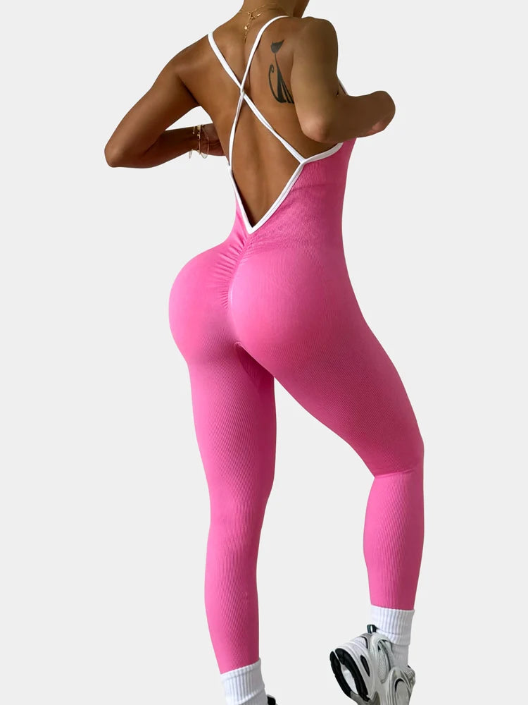 Women's Ribbed Nylon Blend Workout Jumpsuit with Contrast Crisscross Straps