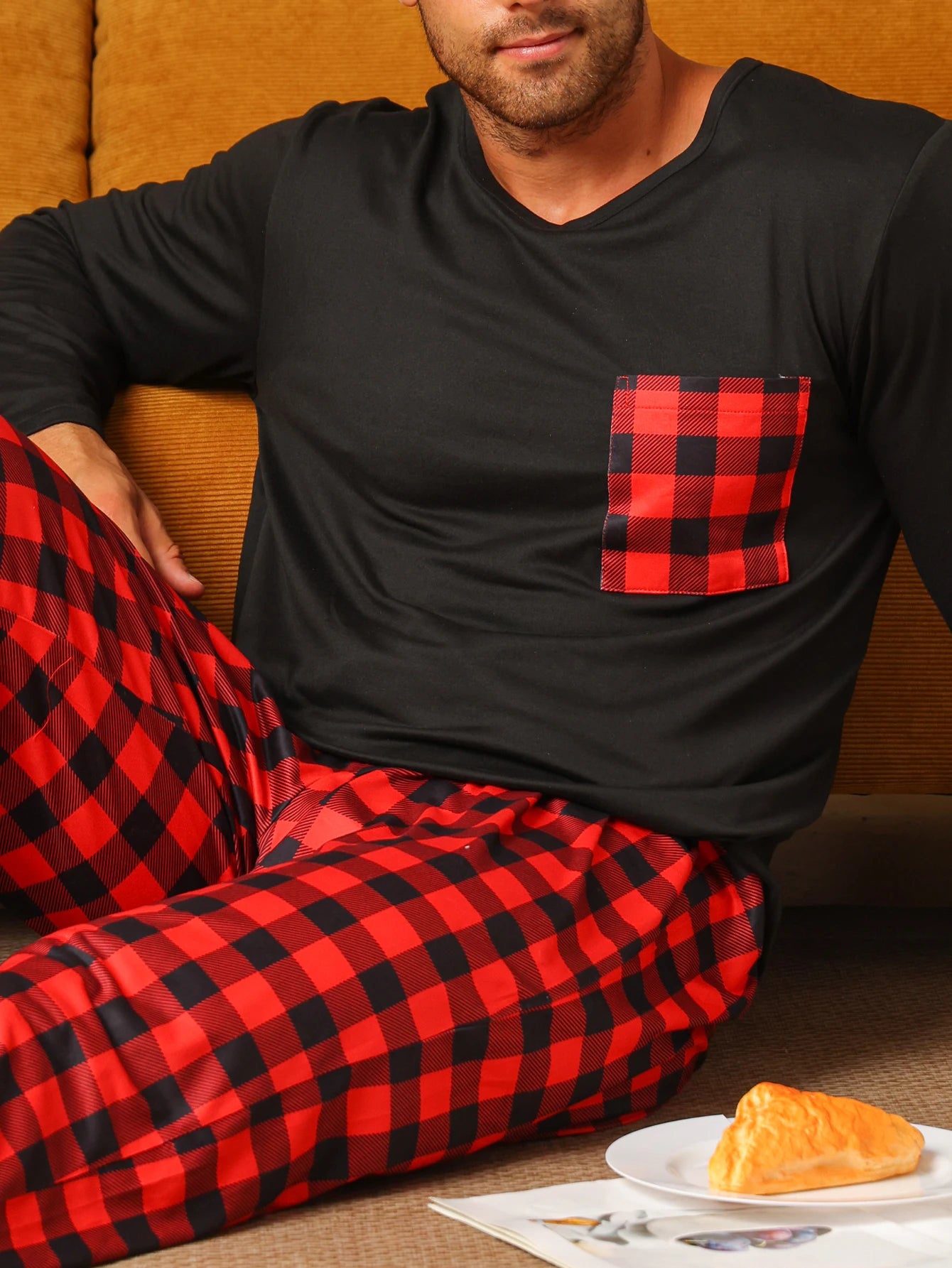 Men's Long Sleeve Pocket Top and Plaid Pants Pajama Set