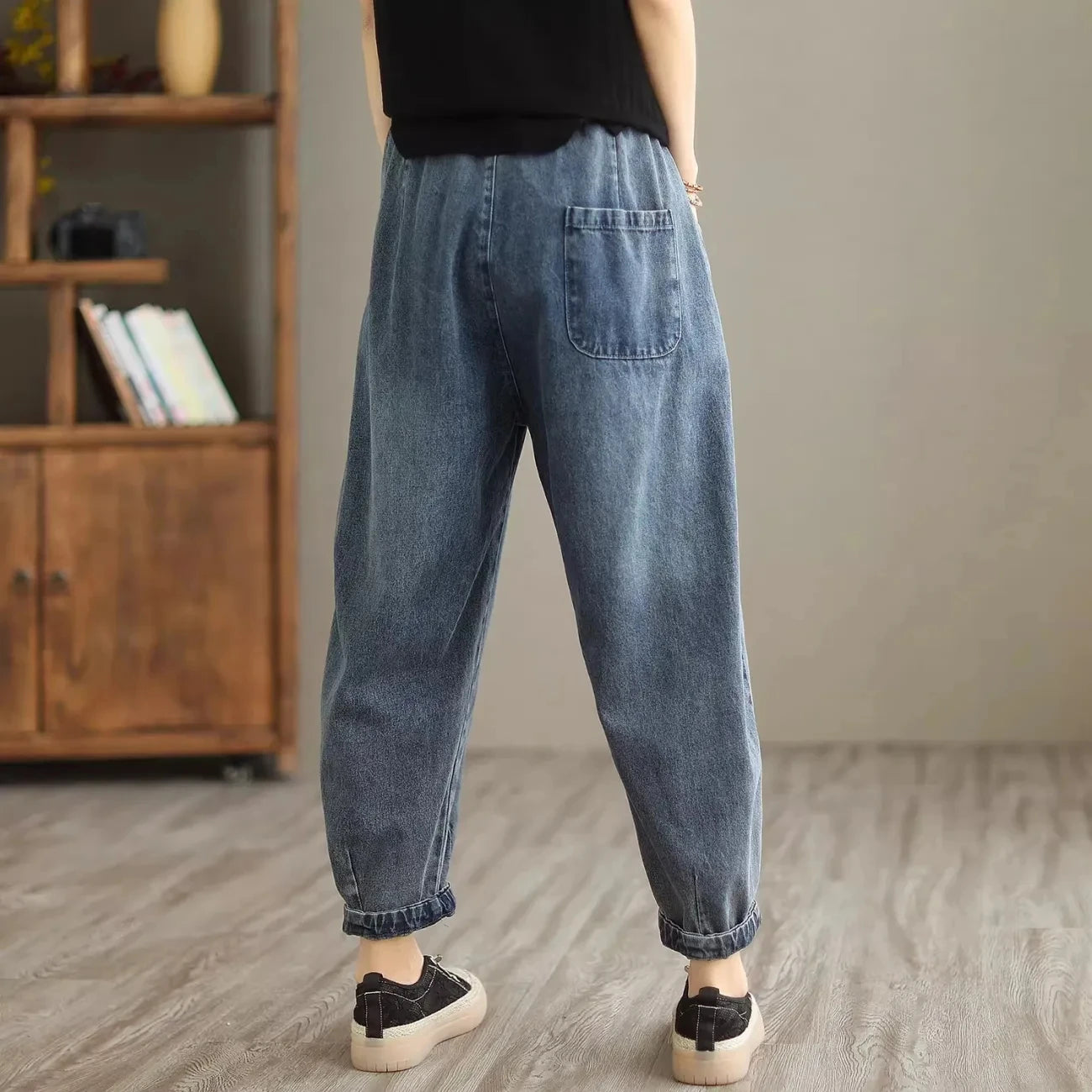 Women's Drawstring Elastic Waist Cropped Cuffed Denim Jeans
