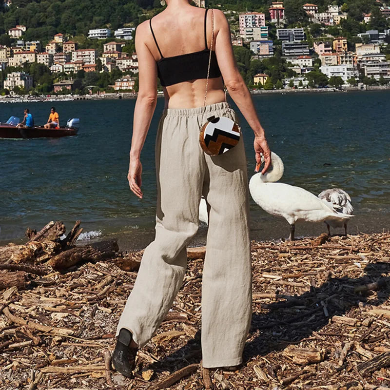 Women's Linen-Viscose Loose Straight-Leg Full-Length Pants with Drawstring Waist and Side Pockets