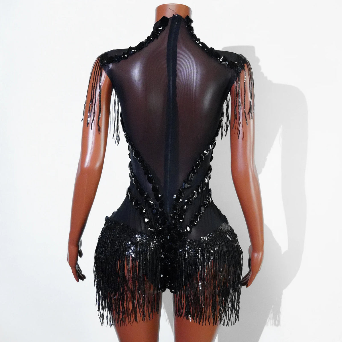 Women's Rhinestone Fringe Mesh Dance Bodysuit for Stage Costume Outfits