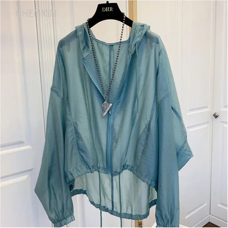 Women's Cotton-Polyester Hooded Long-Sleeve Zip-Front Thin Loose Jacket for Casual Summer Outfits
