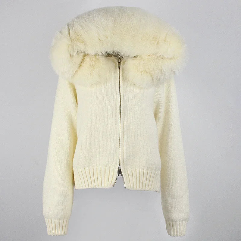 Women's Hooded Zip Front Fluffy Trim Jacket Casual Knit Layer