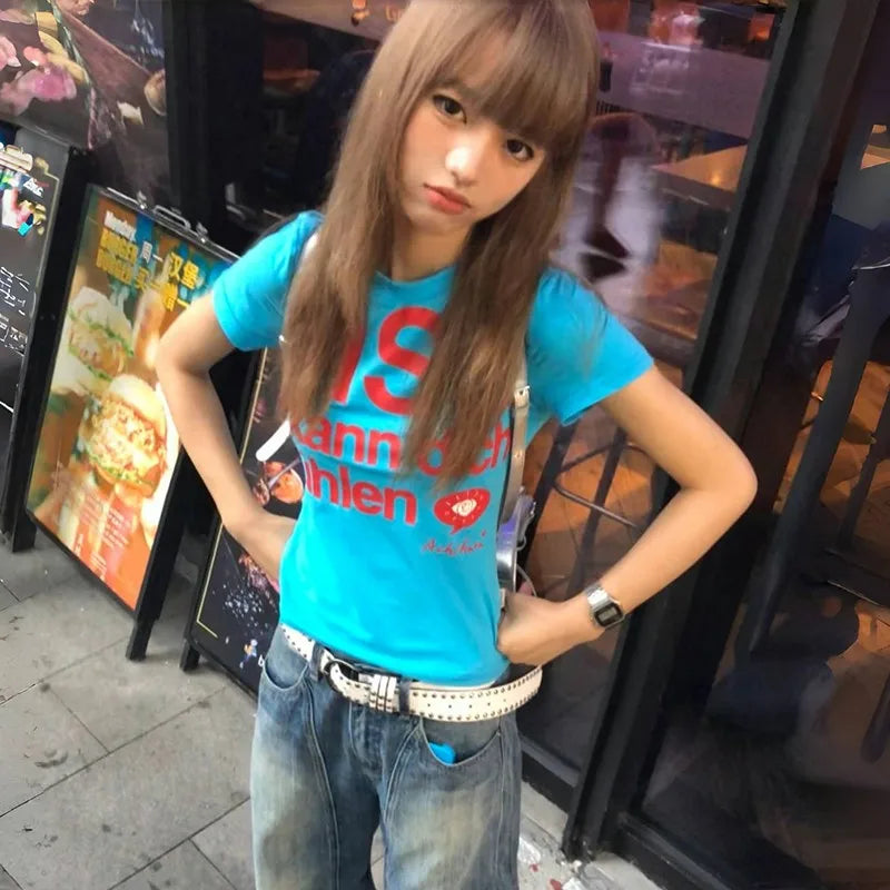 Letter Graphic Crew Neck Short Sleeve Cropped Casual Top