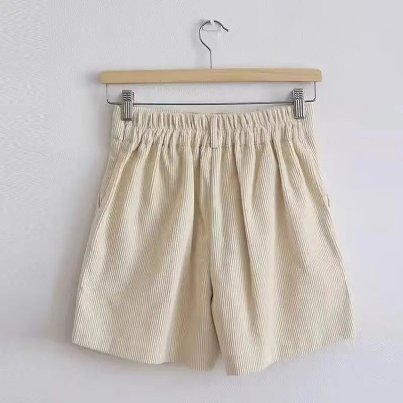 Women's 97% Cotton Corduroy High-Waist Shorts with Side Pockets for Everyday Wear