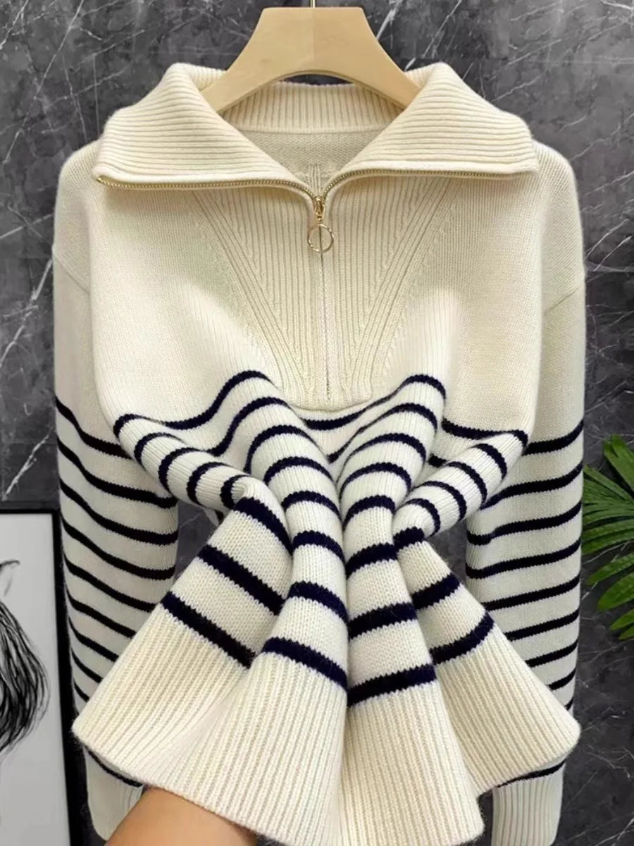 Autumn/Winter new classic striped zipper turtleneck + lapel 100% cashmere knit sweater women's bottom sweater
