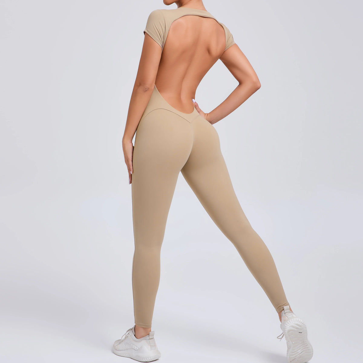 Women's Cap Sleeve Open Back Full Length Workout Jumpsuit