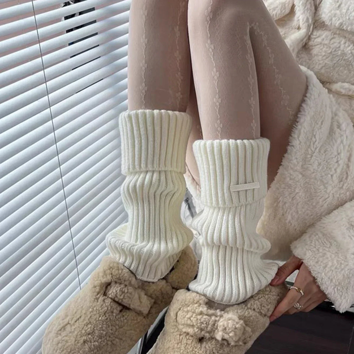 Solid Ribbed Leg Warmers with Small Metal Label Details