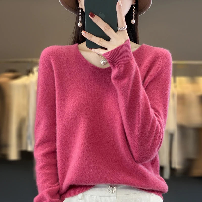 Women's V Neck Long Sleeve Sweater Casual Knit Layer