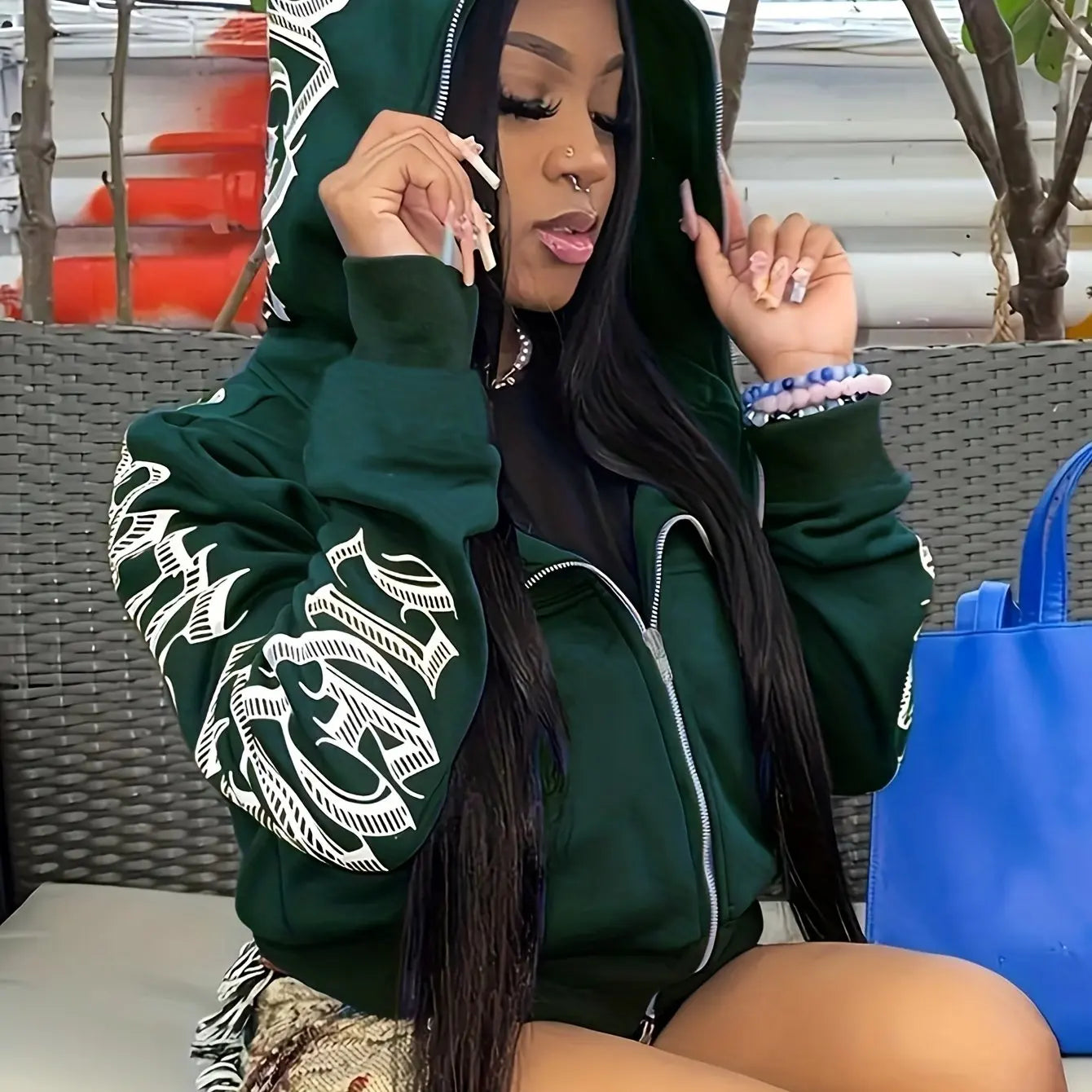 Letter Graphic Long Sleeve Full Zip Casual Hoodie