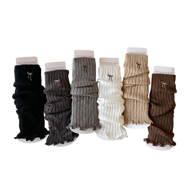 Children's Ribbed Leg Warmers with Decorative Embroidered Bow Detail