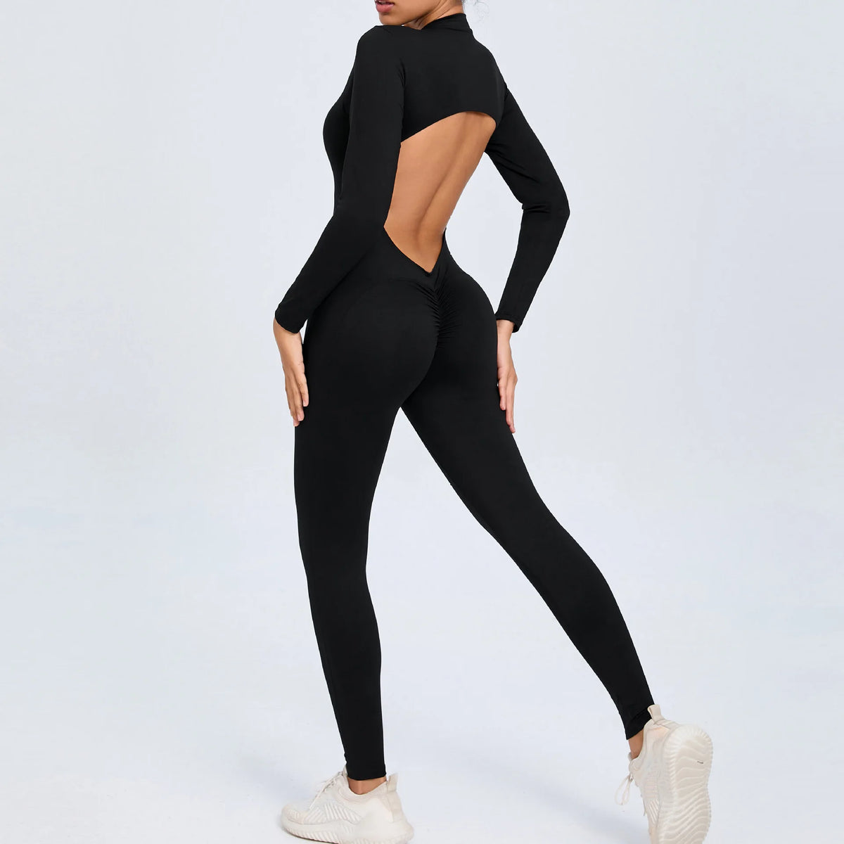 Women's Long Sleeve Nylon Blend Workout Jumpsuit with Zipper and Open Back