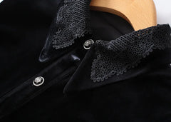 Women Turn Down Collar Crocheted Lace Single Breasted Cardigan Mid Length A Line Velvet Ruffled Sleeveless Jackets