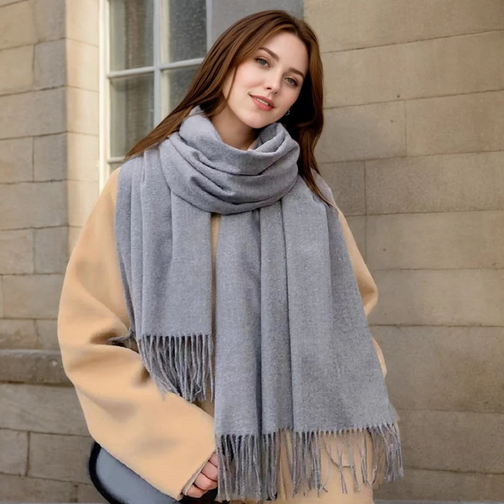 Solid Long Fringed Scarf for Draped Wrap Styling