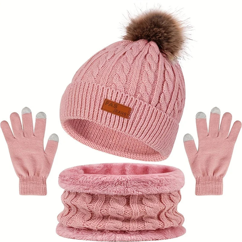 Knitted Hat Scarf and Touchscreen Gloves Set for Outdoor Winter Wear