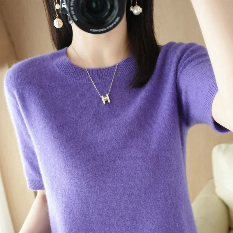 Women's Crew Neck Short Sleeve Sweater Casual Knit Layer