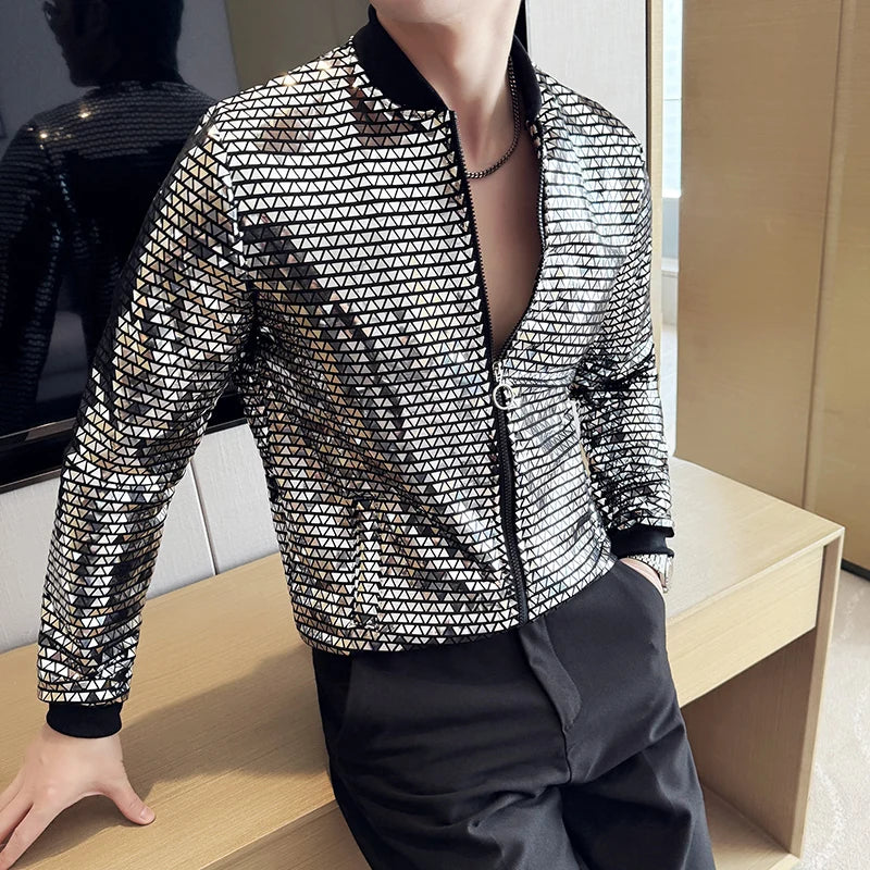 Metallic Finish Long Sleeve Front Zip Casual Bomber Jacket