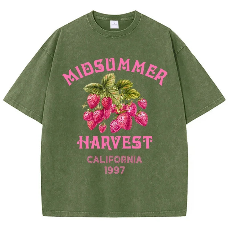 Men's Cotton T-shirt Strawberry Printed Washed T-shirt Comfortable Round Neck Top Men's Summer Clothing