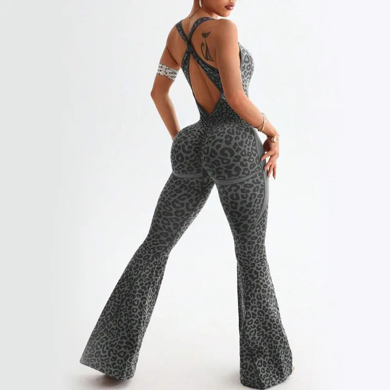 Women's Leopard Print Polyester Blend Flared Workout Jumpsuit with Cross Back
