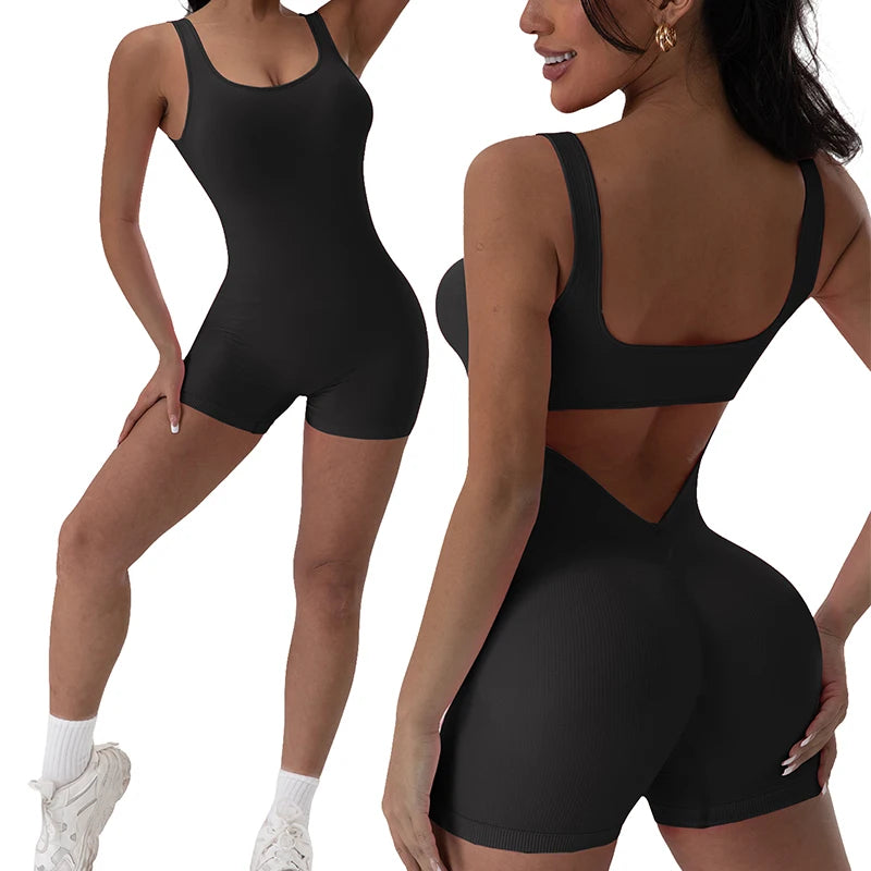 Women's Open Back Nylon Blend Workout Romper with Tank Neckline and Short Legs