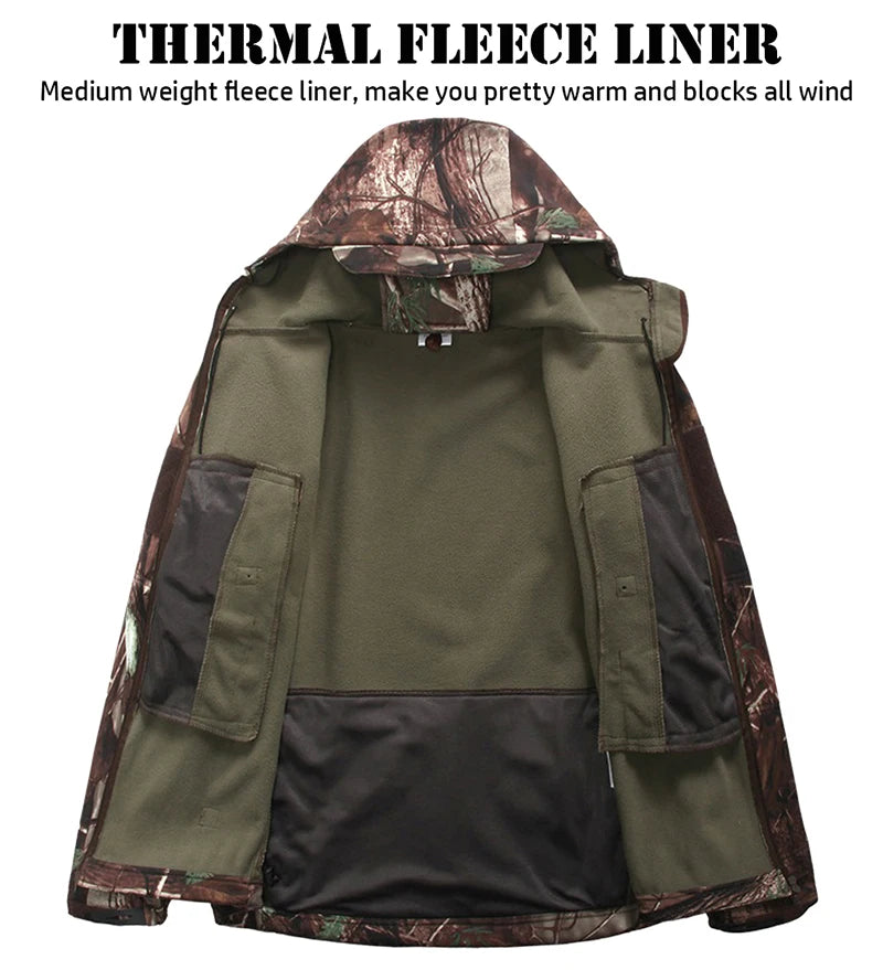 Silent Softshell Camouflage Hunting Jacket Men Waterproof Fleece Hooded Hunting Clothes Warm Outdoor Hiking Tactical Coat