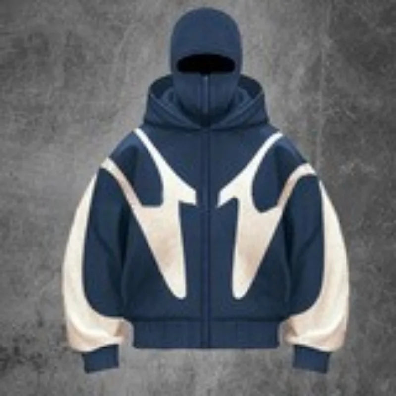 Contrast-Panel Loose-Fit Long-Sleeve Zip-Front Hoodie