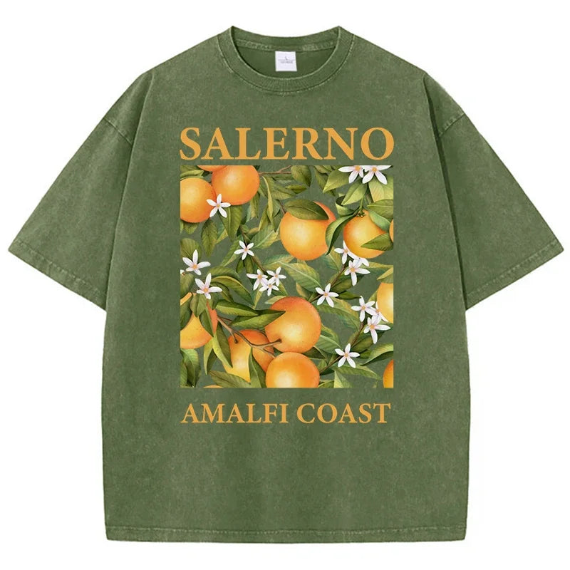 Fresh Orange Design Men's Washed Short Sleeve T-shirt Summer Casual Hip Hop Top Loose Cotton Short Sleeve