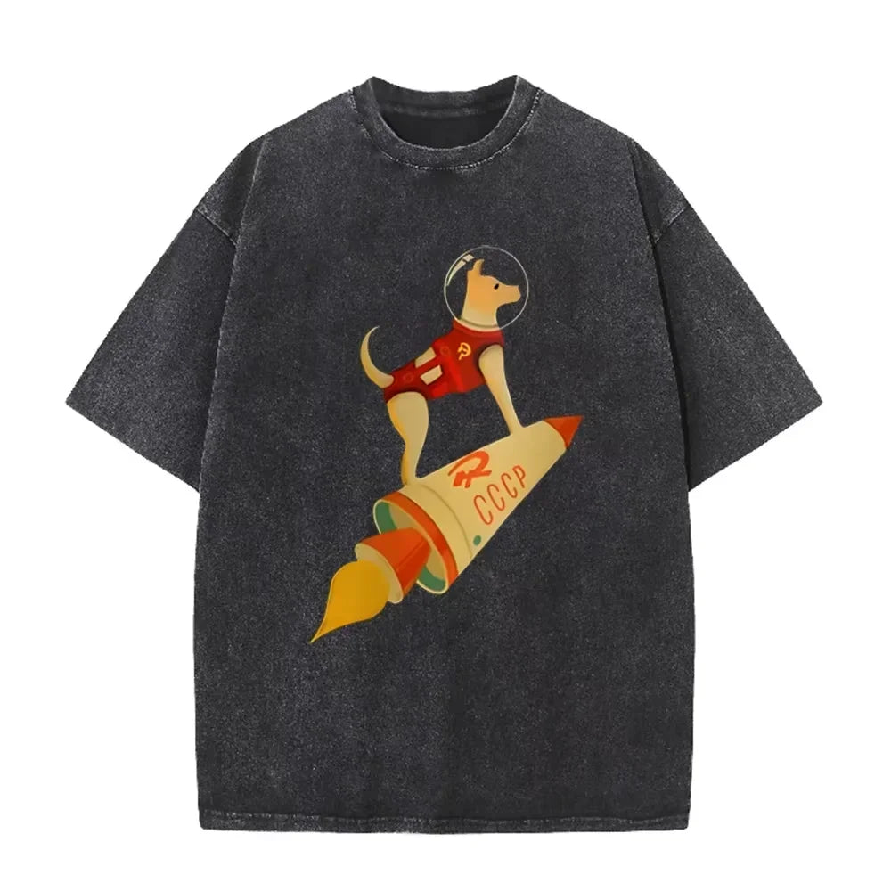 Vintage Washed Gray Tshirt CCCP Laika Space Dog Rocket Cartoon Print Loose Short Sleeve Retro Soviet Casual Tee