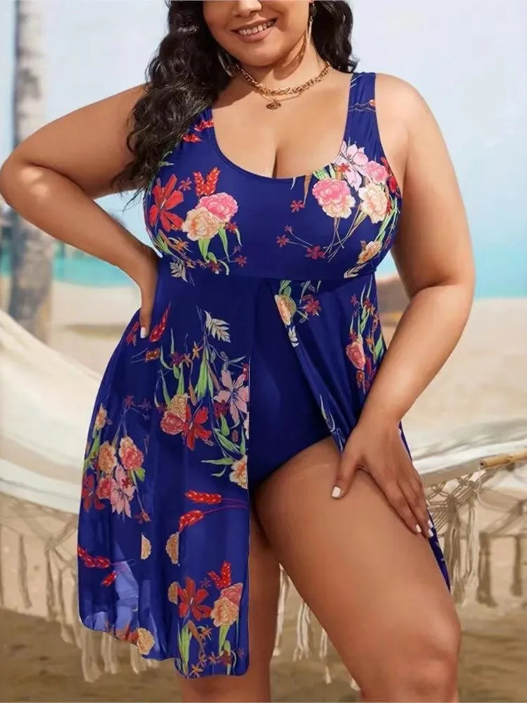 Women's Printed Scoop Neck Swimdress with Side Tie Skirt Overlay