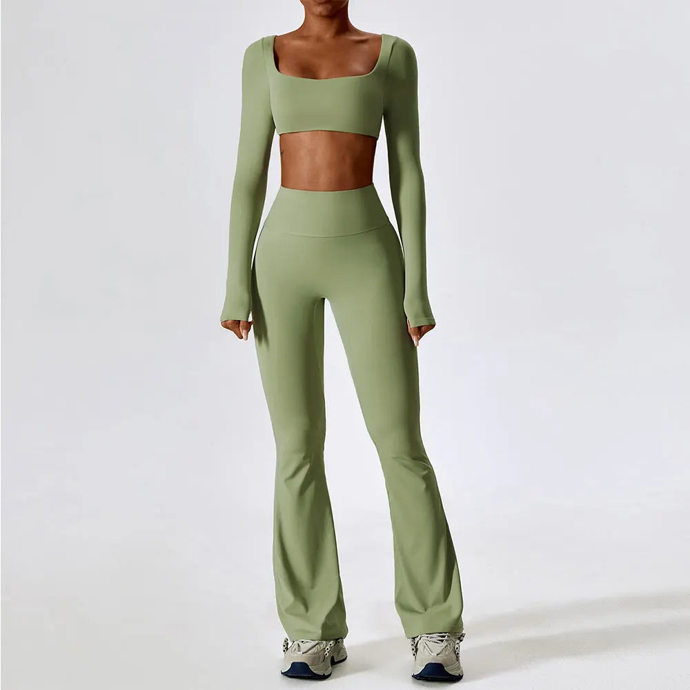 Women's Crop Top Sleeve Layer And Flared Pants Yoga Set