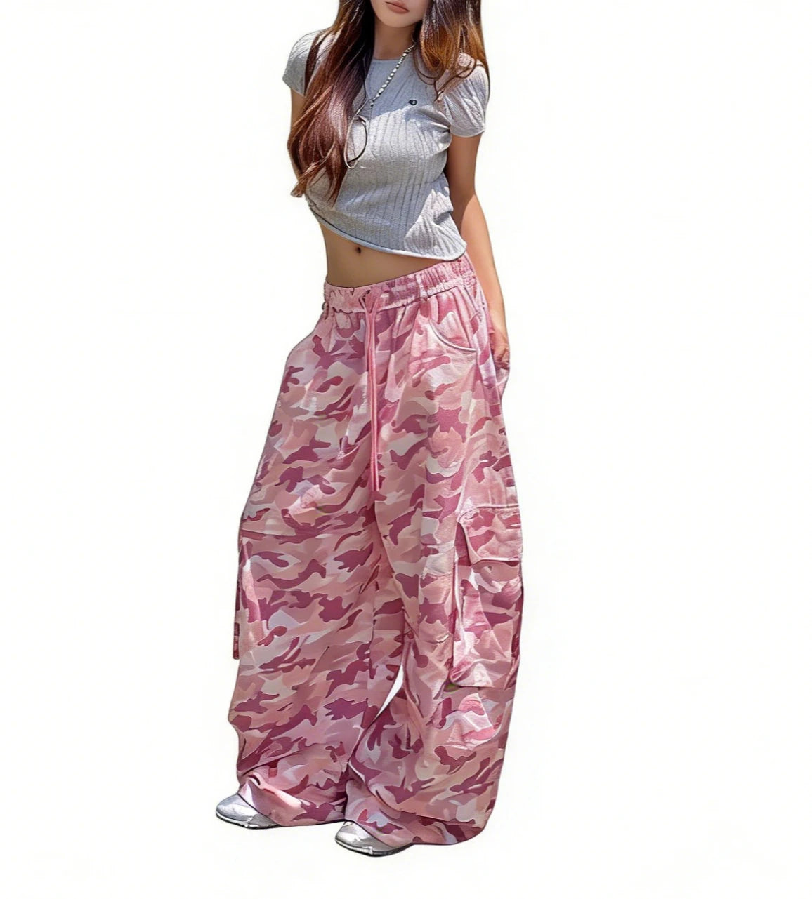 Women's Pink Camouflage Cargo Pants with Wide Legs and Drawstring Waist