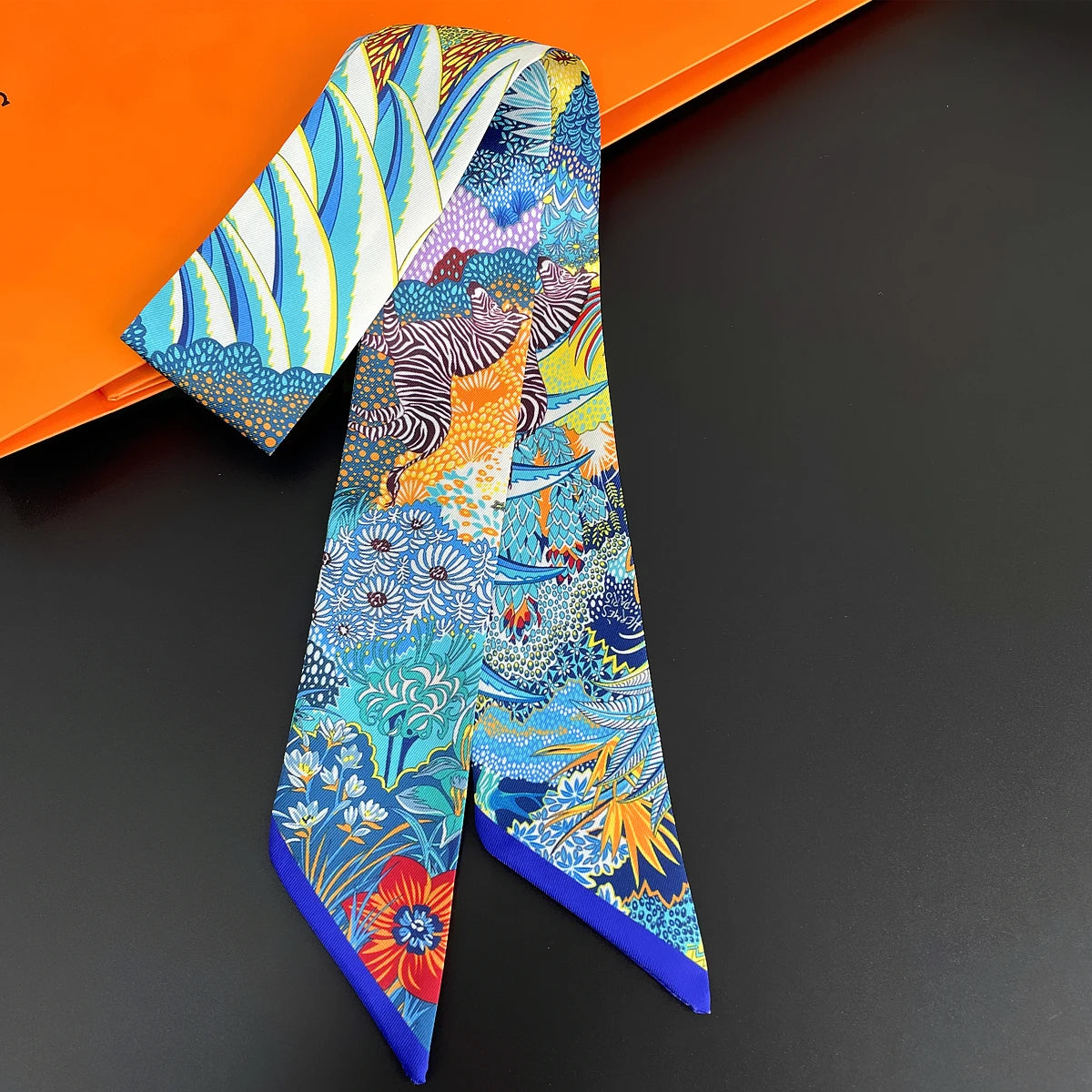 Colorful Printed Skinny Ribbon Scarf with Tie Ends