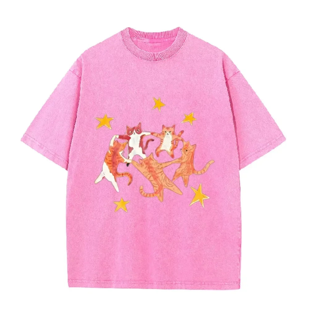 Vintage Washed Purple Dancing Orange Cats Star Print Casual Cute Animal Graphic T Shirt