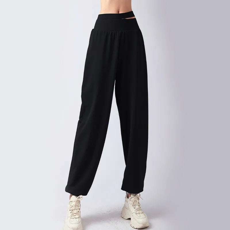 Women's Double Waist Polyester Blend Workout Pants with Cutouts and Cuffed Ankles