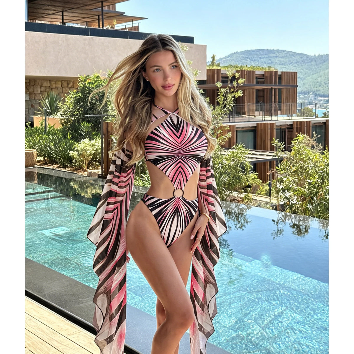 Printed Long Sleeve Swimsuit with Long Skirt