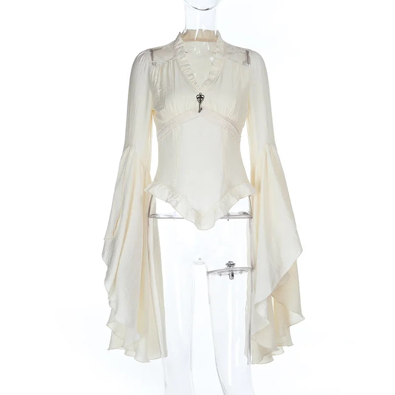Women's Ruffled Flare Sleeve Blouse with Shaped Hem