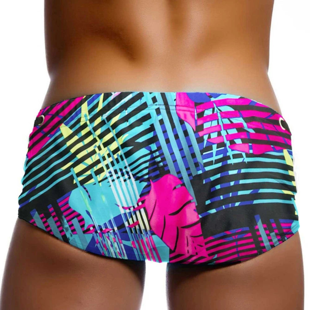 Men's Swimsuit Bottoms in Leaf Print Swim Brief Style for Beach and Pool Wear
