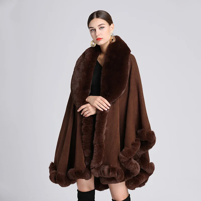 Plush Trim Hooded Poncho for Layering over Outfits