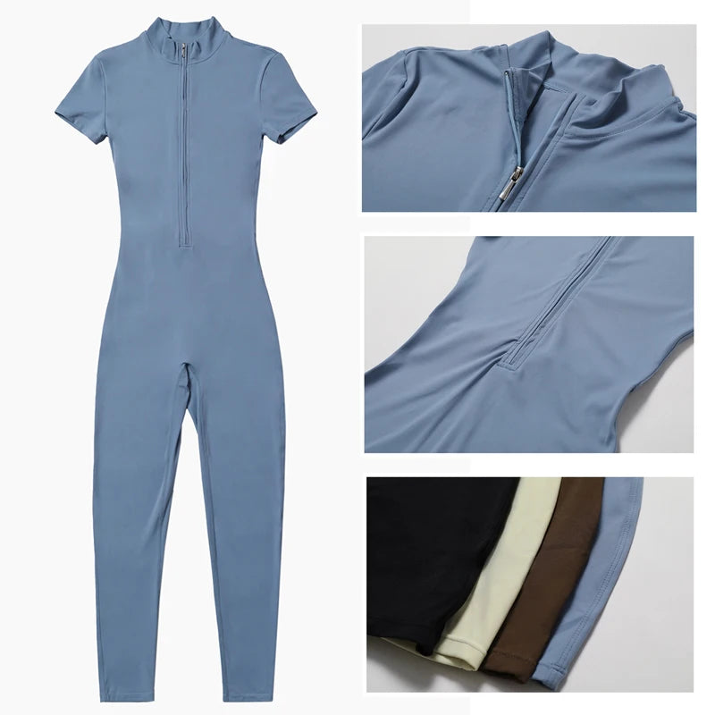 Women's Short Sleeve Nylon Blend Workout Jumpsuit with Collar and Front Zip
