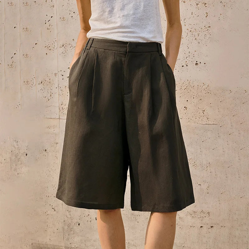 Women's Linen-Lyocell-Cotton High-Waist Loose Knee-Length Shorts with Side Pockets and Zipper Fly