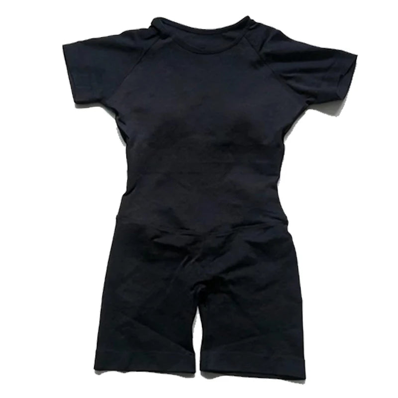 Women's Short Sleeve Nylon Workout Romper with Open Back and Fitted Shorts
