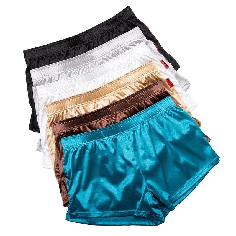 Men's Glossy Solid Split Hem Boxer Style Sleep Shorts